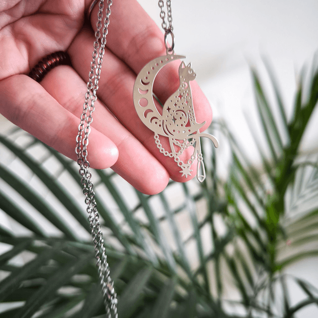 Collier en acier inoxydable - Chat sur sa lune